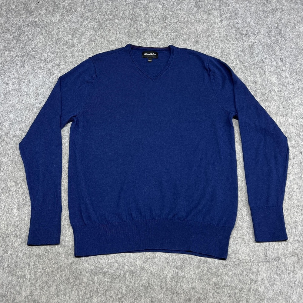 Bonobos Sweater Mens L Blue Extra Fine Merino Wool V Neck Pullover Knit Soft